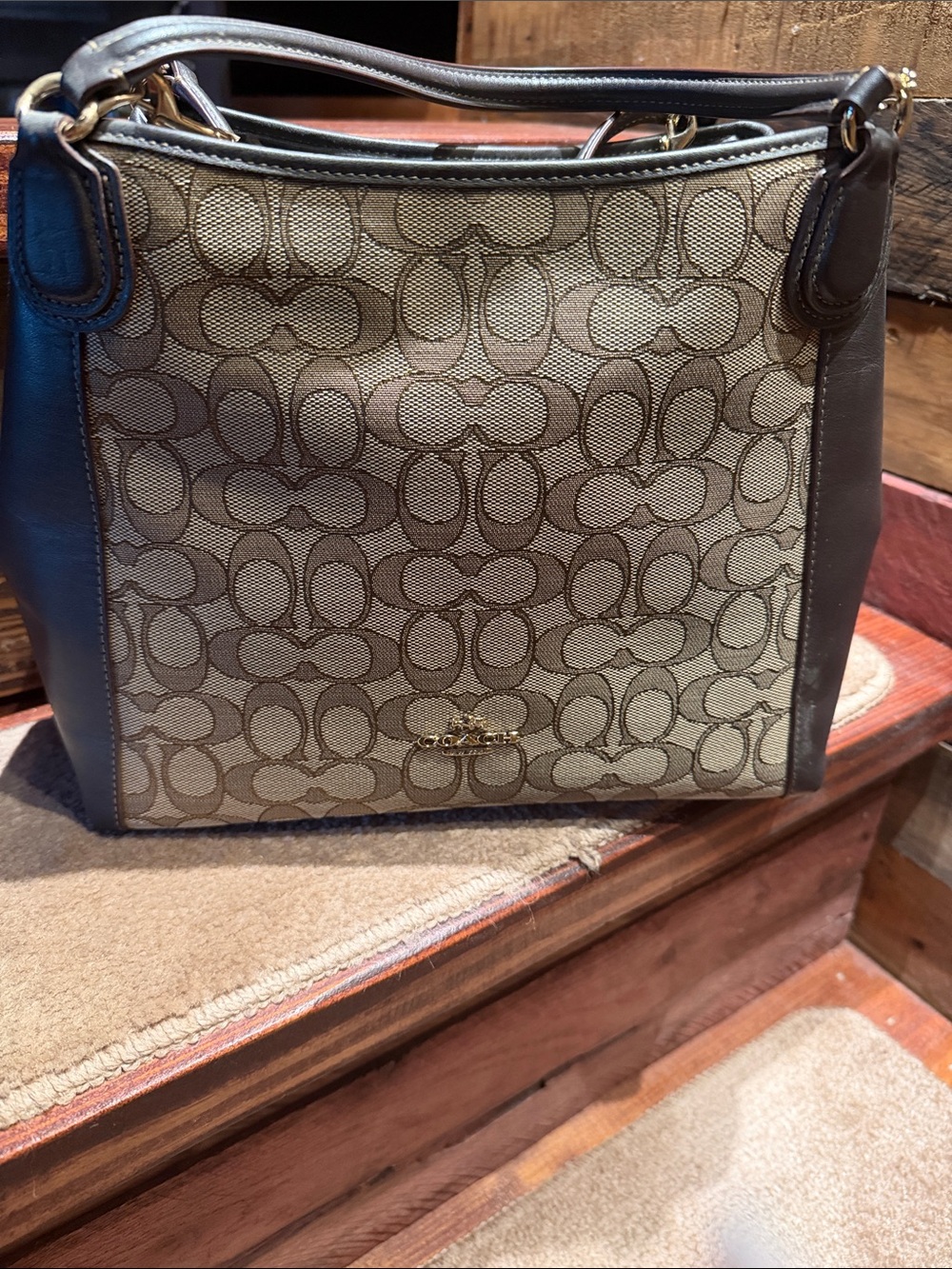 Coach Canvas Shoulder Bag in Khaki and Chocolate